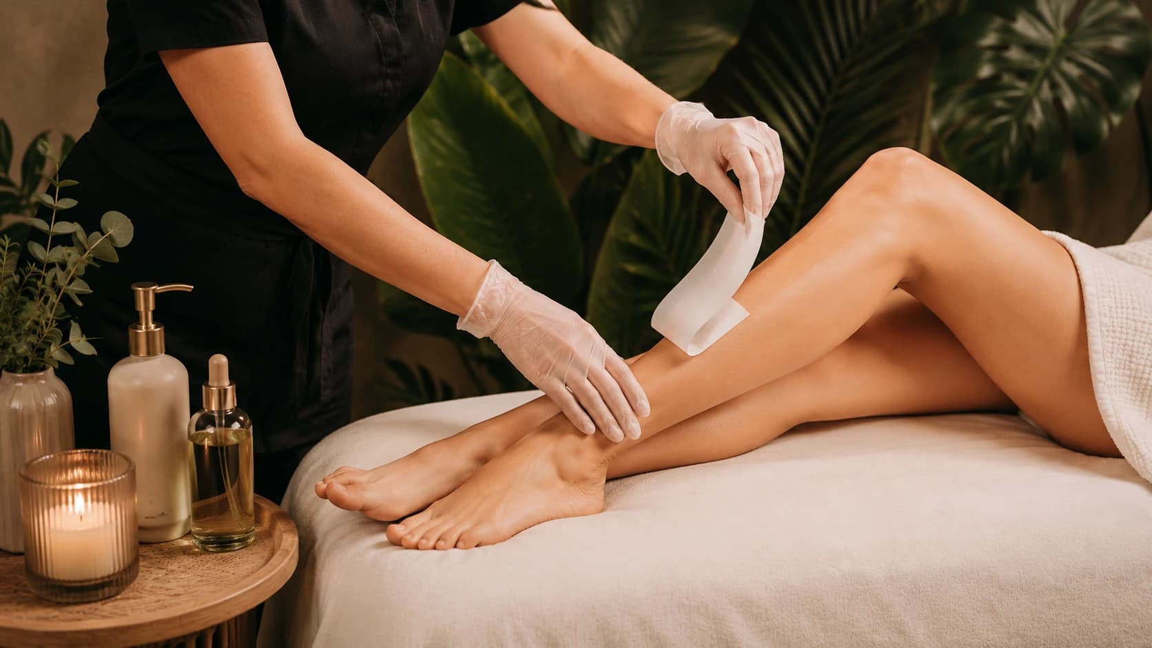Therapist waxing a client's leg