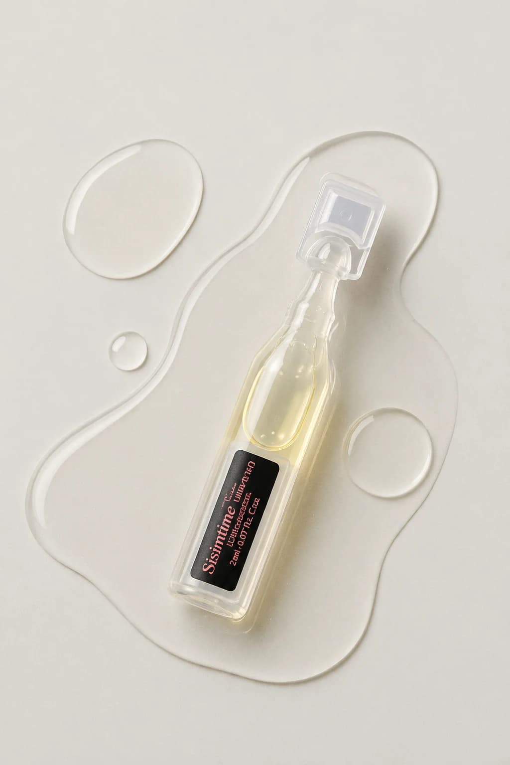 A Sisintime serum ampoule resting in a pool of clear serum